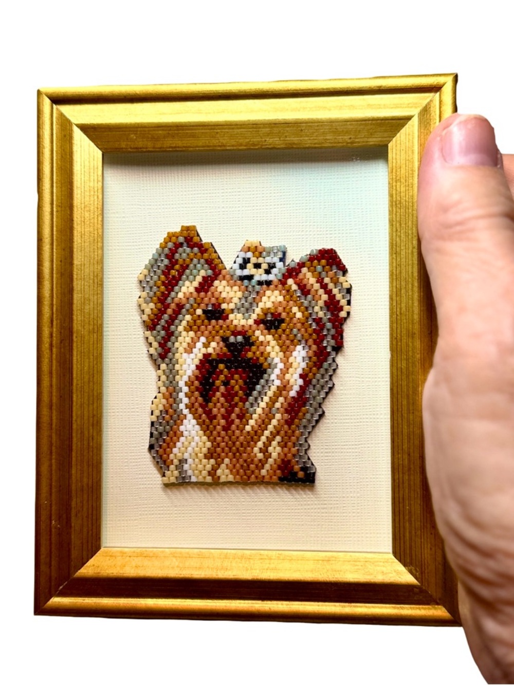 Framed Beaded Yorkie Art – Handmade Mini Dog Portrait